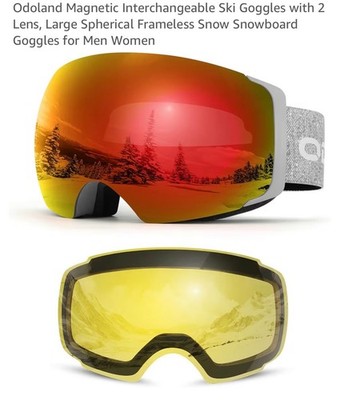 Odoland Magnetic Interchangeable Ski Goggles w/2 Lenses & Large Spherical Frame