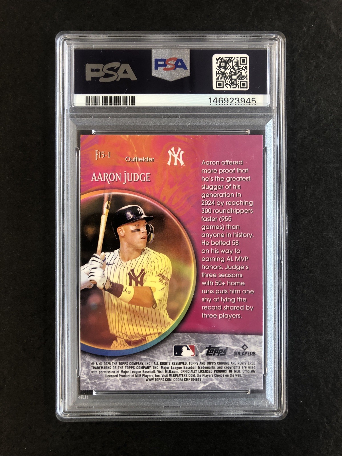 2025 Topps Chrome Aaron Judge Fortune 15 PSA 8 EV view 2