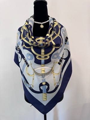 Hermes Silk Scarf Blue White Hand Rolled Made in France