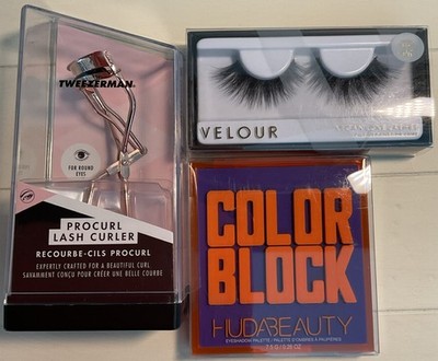 Tweezerman Procurl Curler, Velour Vegan Lashes, Huda Beauty Color Block Lot