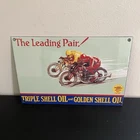 VINTAGE GOLDEN SHELL THE LEADING PAIR GASOLINE MOTOR OIL PORCELAIN SIGN