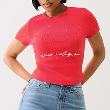 True Religion Crystal Horse Shoe Rib Baby Tee, Women's Size XL - Poppy Red