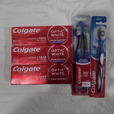 Colgate Dental Lot 3 Toothpaste Optic White Stain Fighter & 3 Soft Toothbrushes