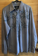 Roar XL Button Front Shirt Tribal Embroidered Graphic Western Style Light Blue