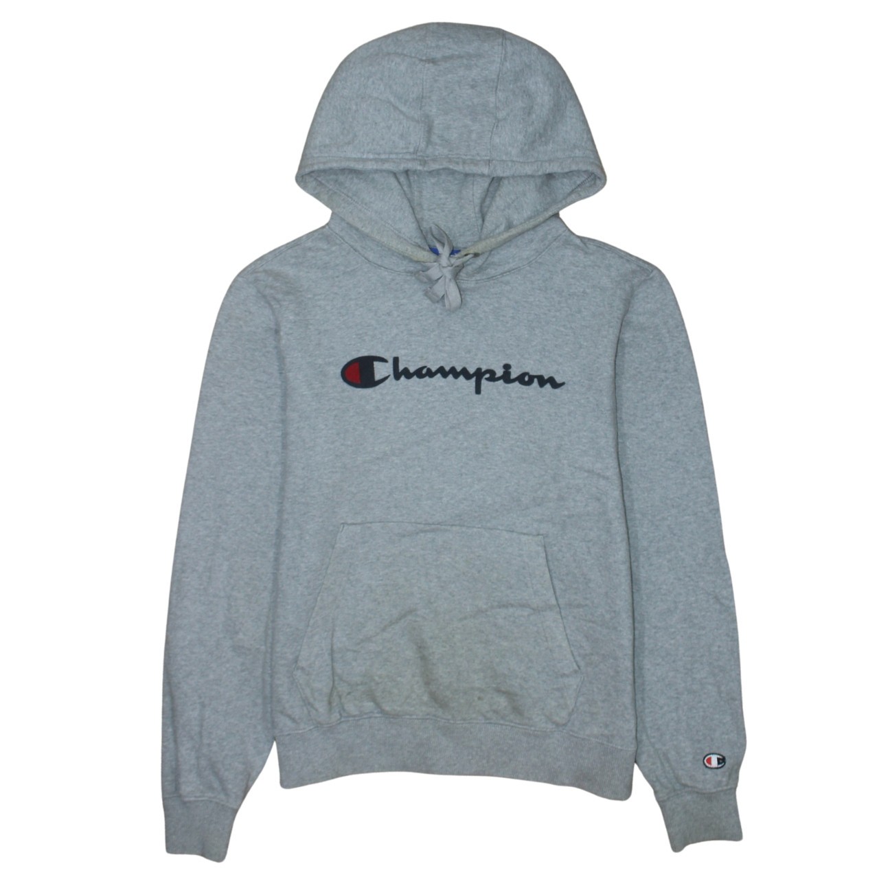 Champion Mens Hoodie Grey Cotton Fleece Embroidered Logo Front Kangaroo Pocket S