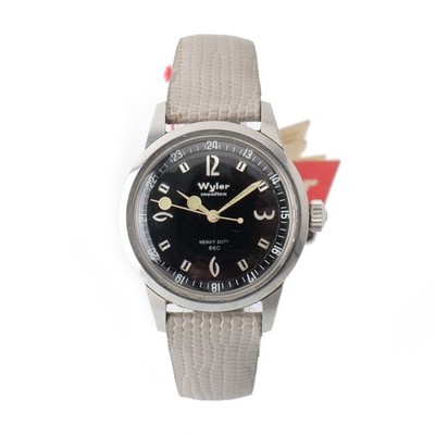 Vintage Wyler Watch Heavy Duty 660 Glassy Black Dial Running 35mm Band + Tag