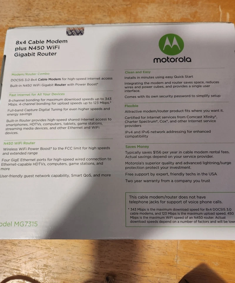 MOTOROLA MG7315 8X4 CABLE MODEM PLUS N450 WIFI ROUTER 343 MBPS BLACK TESTED VGC! - Image 2 of 3
