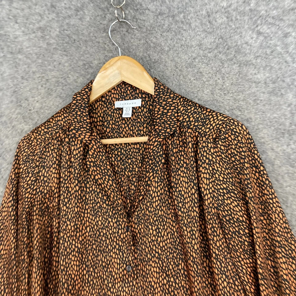 Blusa Top Topshop Mujer Talla UK 10 Marrón Satinado Manga Larga Cuello 33703 Foto 3 de 4