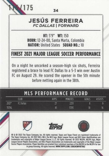 2022 Topps Finest Major League Soccer Base Speckle /175 Cards (31 - 40) - MLS - Picture 4 of 4