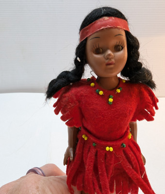 Vintage Native American Indian Doll Complete with Red Felt Dress 1960's