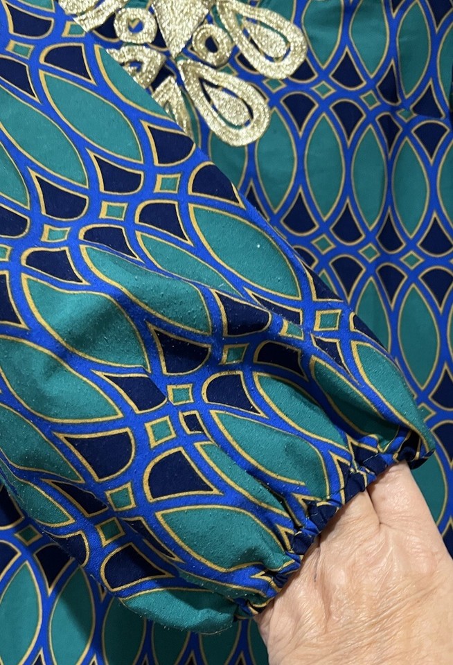 Mud Pie Size Small Corinne Green & Blue Tunic Top with gold embroidery