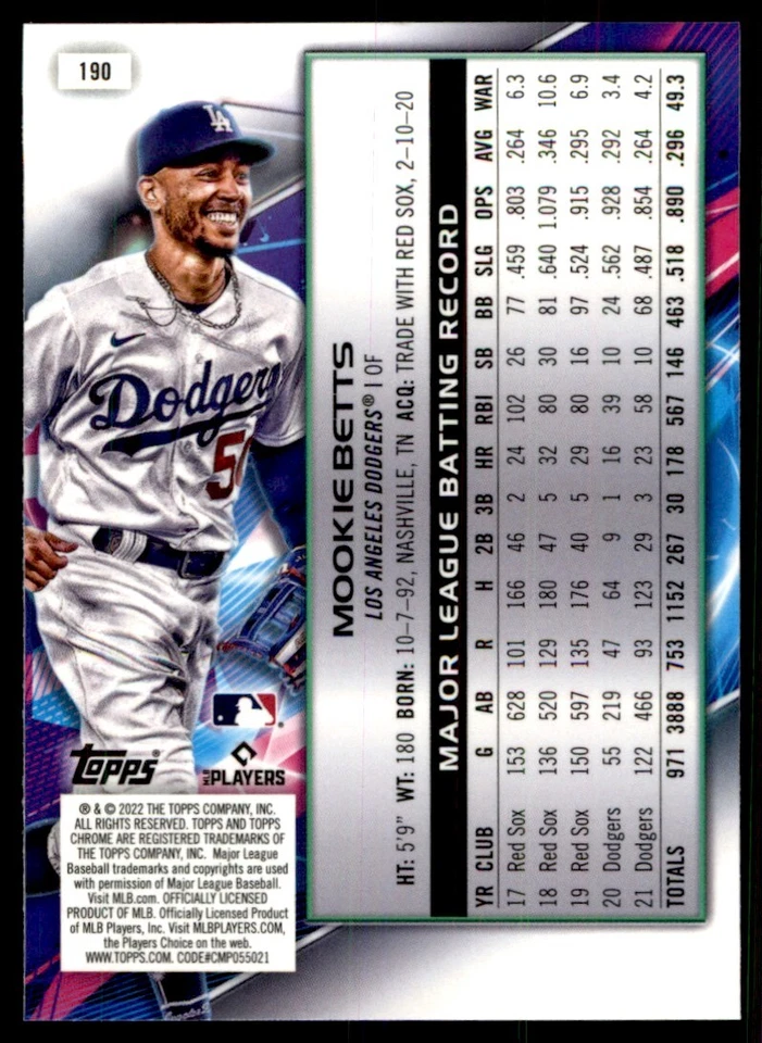 2022 Topps Cosmic Chrome Mookie Betts #190 - Image 2 of 2