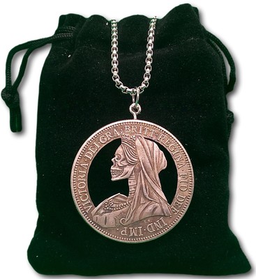 Cut Coin Necklace England Queen Victoria Skull Gothic Hobo Nickel Dollar