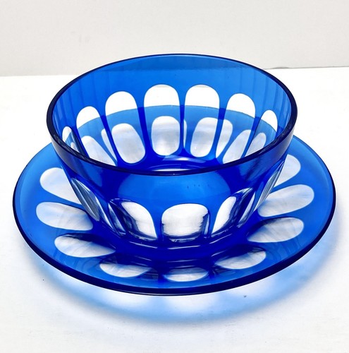 Cut To Clear Cobalt Bowl Plate Set 8 Bohemian Glass Blue Finger Bowl Underplate - Picture 2 of 24