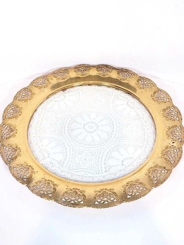 Vtg Reticulated Serving Tray Glass Encased Doily Tin Rim West Germany 14 1/2" - Picture 2 of 6