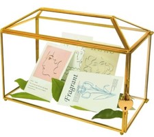 New Glass Wedding Birthday Card Box W/ Lock & Key Top Slot, 12.6" Large Gold