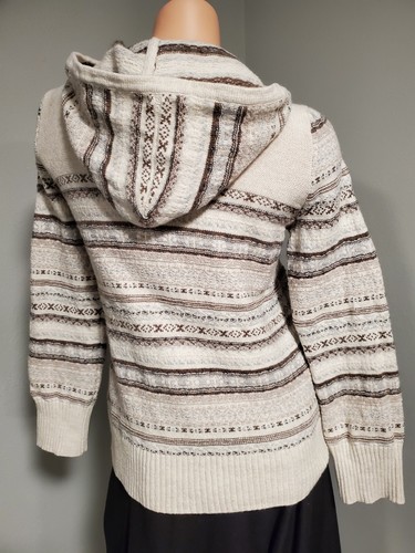 Eddie Bauer Women’s Ivory Tan Blue Full Zip Hoodie Sweater Faux Fur Trim ~ Sz L - Picture 4 of 9