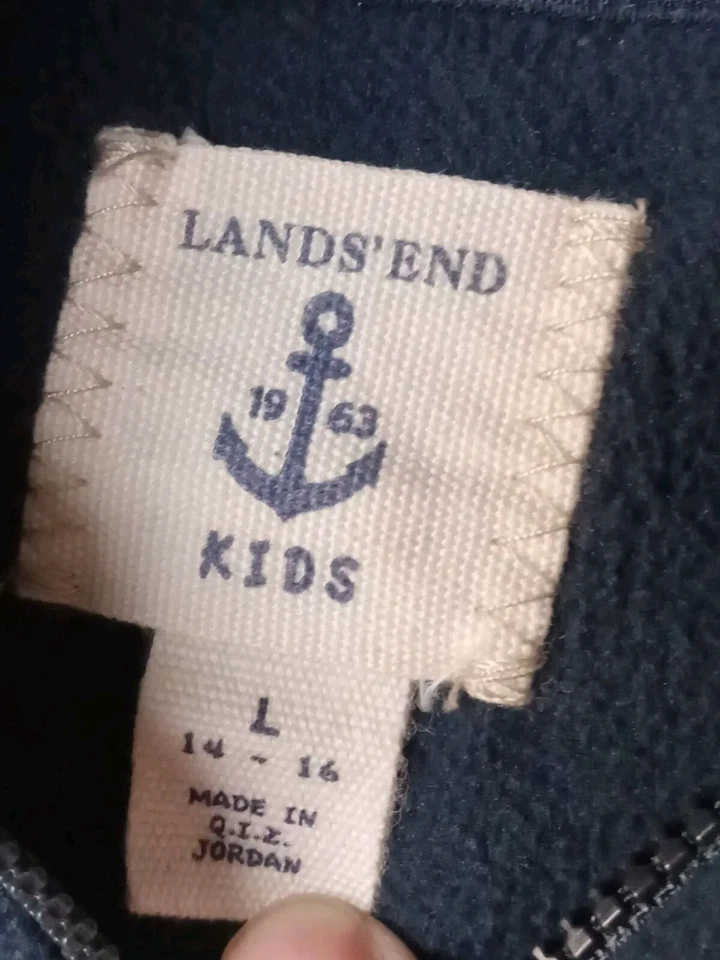 Moletom Lands End Kids tamanho GG 14-16 azul marinho zíper completo listra verde lã macio - Imagem 3 de 4