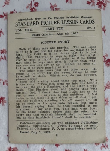 Vintage 1920 Sunday School Men Praying Picture Story Card Standard Publishing Co - Picture 2 of 2