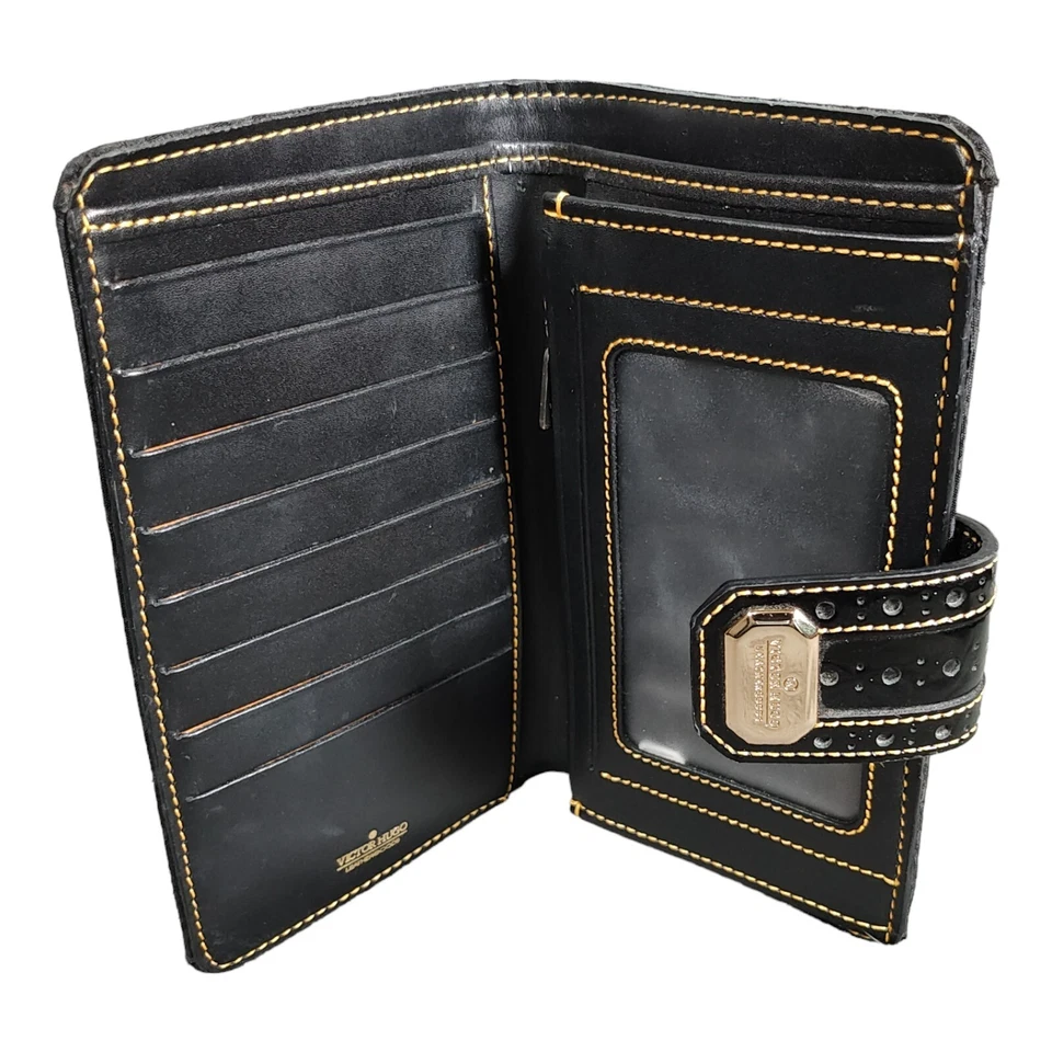 Cartera Victor Hugo One Mujer Negra Monograma Cuero Doble Pliegue Tarjeta de Crédito Logo Foto 4 de 4
