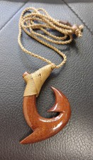 Hawaiian Style Polynesian Koa Wood Surfer Fish Hook Small Pendant Necklace
