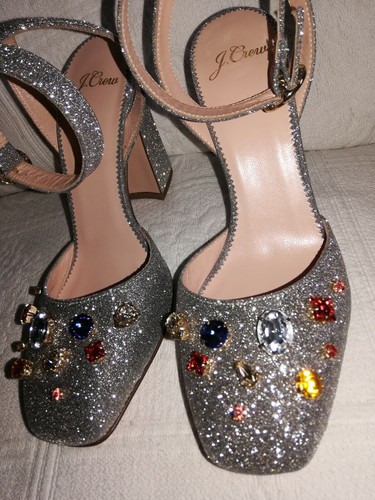 J.Crew Harlow Silver Glitter Bejeweled Ankle-Strap Pumps Wedding Block Heels (Y) - Picture 8 of 9