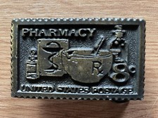 Vintage Tiffany Studio brass belt buckle - Pharmacy United Stated Postage 8 