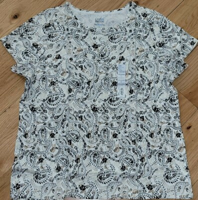 Croft & Barrow crew neck shirt NWT womens XXL 2XL white black tan paisley