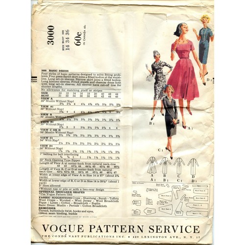 1950-60 Vogue Patrón 3000 Talla 14 Vestido Miss Cuatro Estilos Falda Opciones Corte - Imagen 2 de 4
