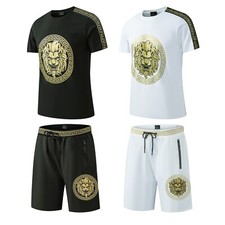 New Mens Cotton T Shirt  Polyester Shorts Set LION PRINT Tracksuit Summer