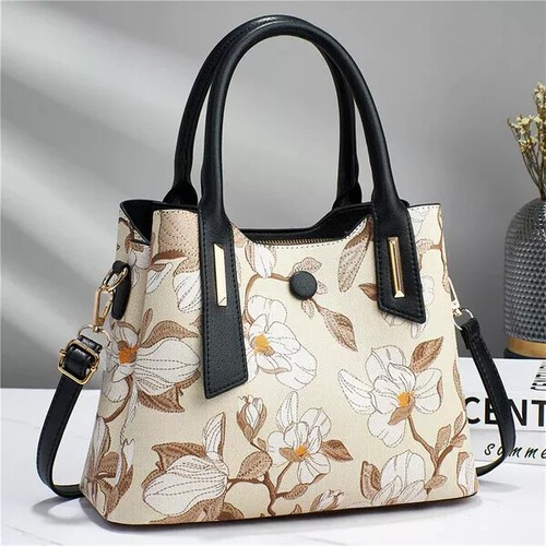 Ladies Large Size Tote Flower Print Bag Faux Leather Designer Shoulder Handbags - Picture 2 of 10