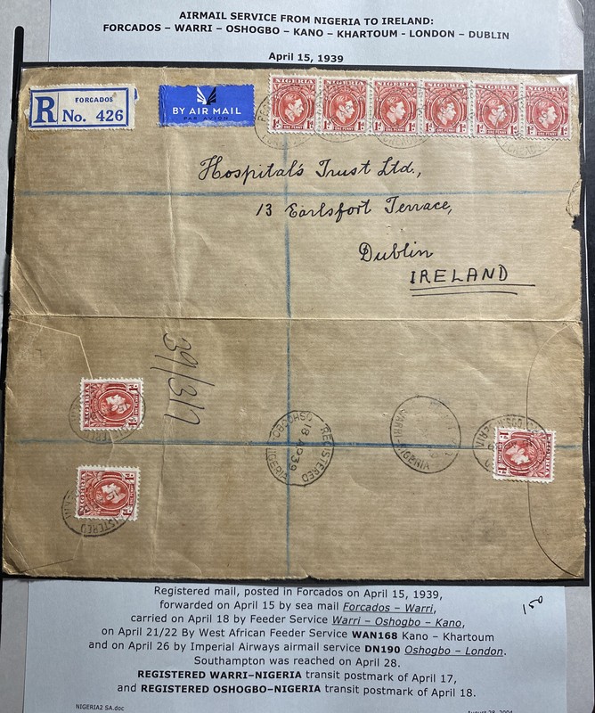 1939 Forcados Nigeria Airmail Registered Cover To Hospital Dublin Ireland