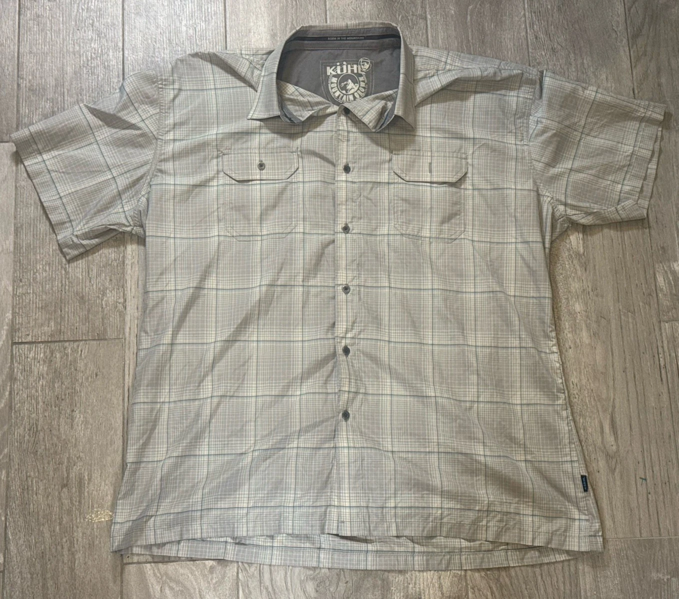 KUHL Eluxur Button Up Shirt Mens 2XL XXL Gray Plaid Short Sleeve Hiking Camp