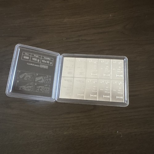 100 gram Silver Bar Valcambi 10 x 10 Gram Silver CombiBar with Assay Card