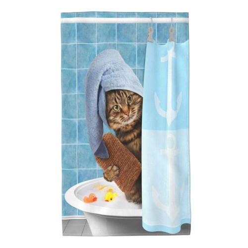 Long Hand Towels Funny Cat in The Bath Realistic Design Ultra Soft Towel Abso...