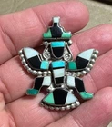 Vintage Zuni brooch Pin Multi Stone Inlay Work Turquoise Sterling Silver 925