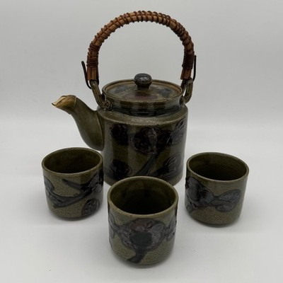 Vintage Japanese Studio Pottery Teapot 3 Cup Set Wabi Sabi Reed Cane Handle