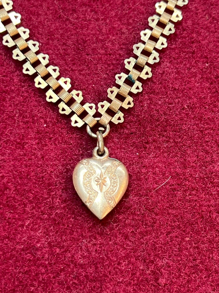 Старинное викторианское двойное ожерелье цепочка с гравировкой подвеска в форме сердца позолота - Изображение 3 из 4