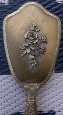Brush Gold Tone Vanity Hair Brush Ornate w/Flower Rose Floral 10.5x3.5x1 1/4 Vtg