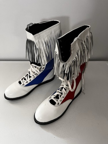 Pro Wrestling boots leather Blue Red White Fringes Set Of Young Rock! Sz 12 - Picture 3 of 8