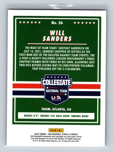 2022 Panini USA Baseball Stars & Stripes Base Longevity Blue Holo Will Sanders - Bild 2 von 2