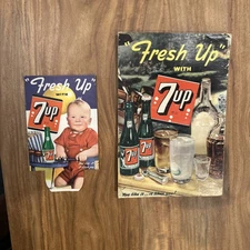 Lot of 2 - 7up Cardboard Display Retail Advertising Signs Counter 1950 Original