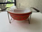 Vintage 1960 Red Pyrex Golden Leaf Casserole Bowl 404 With Lid and cradle.