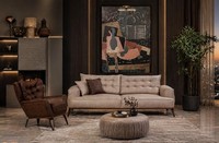 Polstergarnitur 3Sitzer-Sofa Sessel Leder Modern Beige Braun Kissen