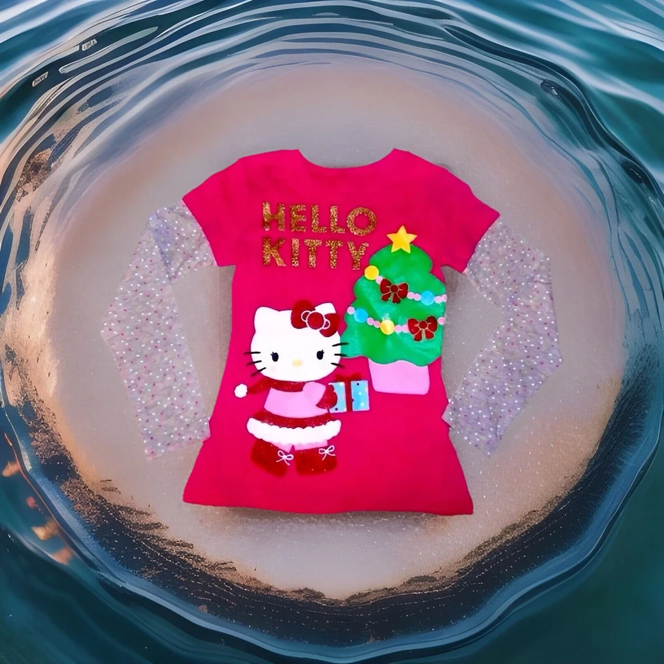 Hello Kitty GRANDE TALLA 10 11 12 Camisa para dormir manga larga Navidad 2Fer Top Camisa Foto 2 de 3