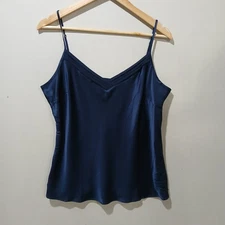 LILYSILK Cami Womens XL Navy Blue 22MM Silk Pleated V-Neck Tank Adjustable NWT