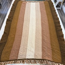 Vintage Crochet Afghan Blanket Earth Tone Southwest Fringe Handmade Boho 64x42