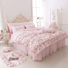 Romantic Roses Print Duvet Cover Set with Bed Skirt Pink Lace Ruffle Floral