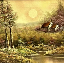 Vintage Landscape Oil Painting Autumn Fall Pond Country Home Signed by Madlock