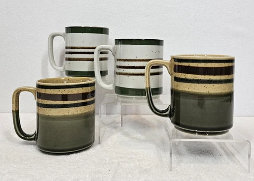 4 Vtg Japan Stonewear Speckled Green Brown Tan Stripe Coffee Mugs Retro 8oz